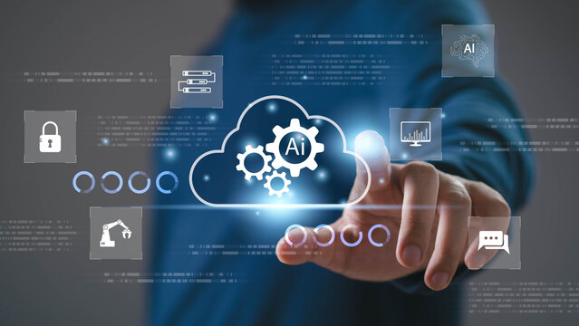 Cloud AI automation interface with smart data management, cybersecurity and analytics technology. Futuristic cloud computing concept for digital transformation and business workflow.