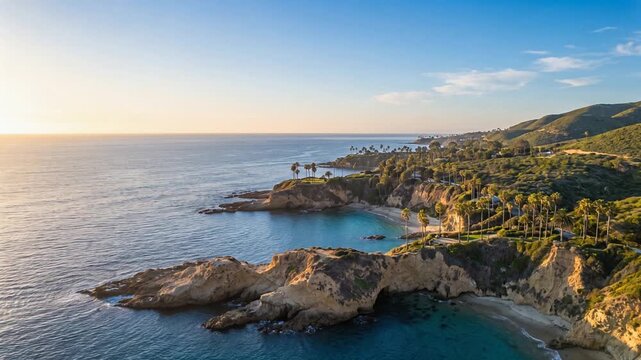 ゴールデンアワーに輝くカリフォルニア海岸の入り江とヤシが茂る断崖の空撮風景