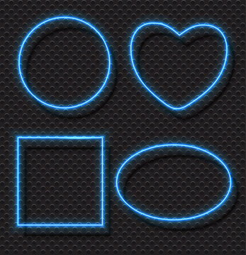 Neon glowing shapes on dark textured background with circle heart square and oval
