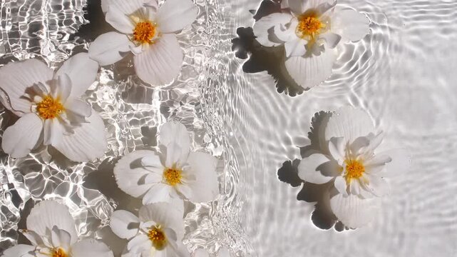 White Jasmine, Chamomile flowers on water surface waves on White background. Water splash. Pure water with reflections sunlight and shadows. Valentines day texture. . High quality 4k footage
