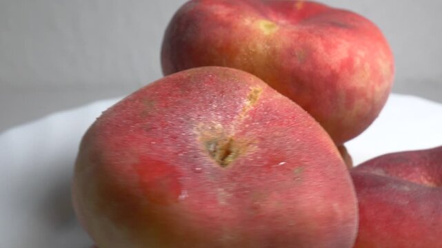 Close-up of fresh flat Saturn peaches rotating on a white plate, showcasing their fuzzy red skin and unique donut shape under bright studio lighting.