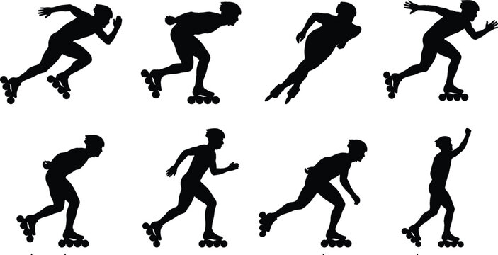 Roller skating athlete silhouette collection featuring speed skating poses isolated on white background vector illustration set