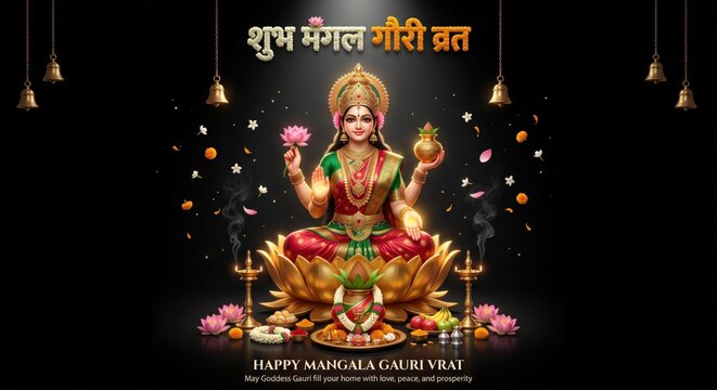 Goddess gauri seated on a golden lotus flower, holding a lotus and a kalash, surrounded by hanging brass bells, marigold flowers, and lit oil lamps against a dark black background