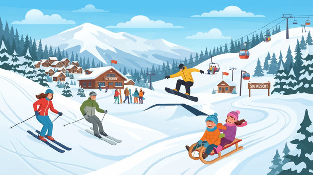 A lively winter scene at a ski resort with people skiing, snowboarding, and sledding amidst snowy mountains and pine trees.