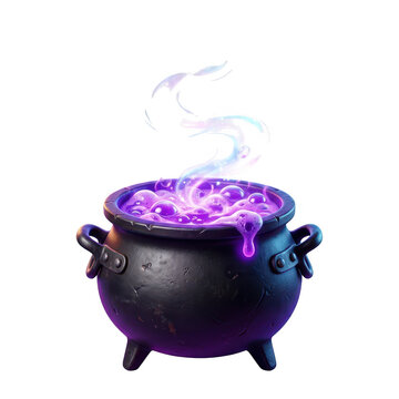 Purple cauldron with glowing potion and steam bubbles on dark surface