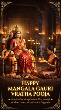 Goddess mangala gauri seated on an ornate throne with a woman offering a lit diya, traditional indian temple interior with golden lamps, marigold garlands, and festive religious atmosphere