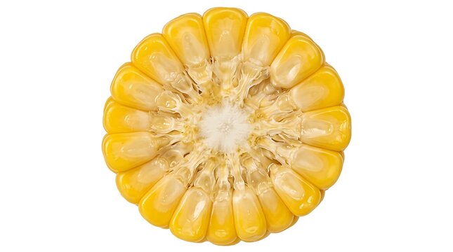Fresh cross section slice of yellow corn cob isolated on white background.