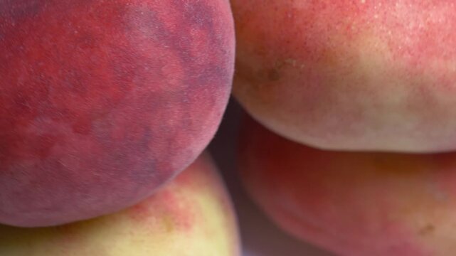Close-up of fresh flat Saturn peaches rotating on a white plate, showcasing their fuzzy red skin and unique donut shape under bright studio lighting.