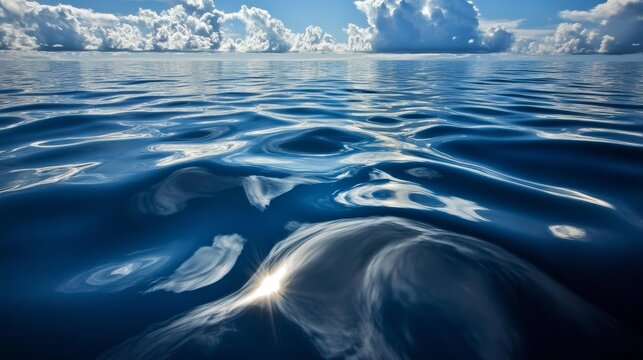 Rippling blue ocean surface with sunlit waves and distant clouds on a clear summer day