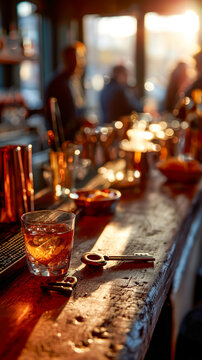 Whiskey and keys on a weathered bar, a story untold