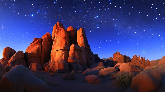 Rocky desert landscape under a starry night sky with warm moonlight illuminating muscular male actor formations
