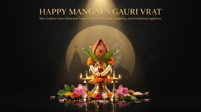 Mangala gauri vrat greeting card with a traditional brass kalash, coconut, green leaves, and lit oil lamps on a dark background, with a circular, golden spotlight effect
