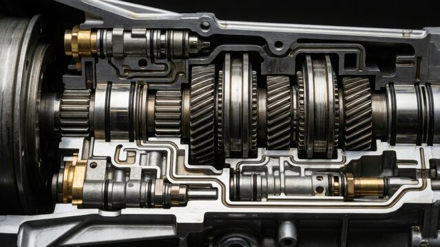 Automotive - Detailed Cutaway Cross Section of Manual Transmission Gearbox Showing Helical Gears and Shafts