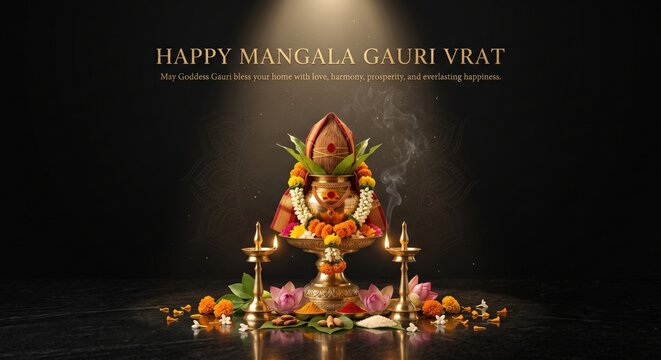 Mangala gauri vrat greeting with kalash, brass oil lamps, marigold flowers, and lotus petals on a dark background, featuring traditional hindu ritual and incense smoke