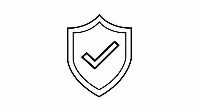 Animated black shield icon with a check mark inside symbolizing security and approval on a white background with subtle motion and smooth transition effect, perfect for technology and safety 