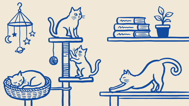 Blue line illustration of four cats in cozy indoor setting with basket cat tree books and plant on beige background