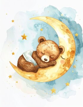 Schlafender kleiner B&auml;r auf Mondsichel im Aquarellstil f&uuml;r Kinderbuch