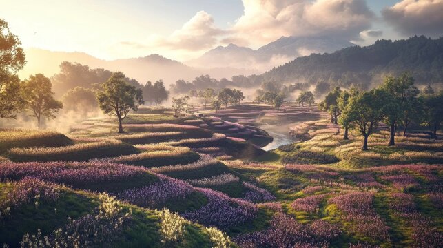 Rolling hills covered in purple flowers with a winding river and misty mountains in the distance at sunrise