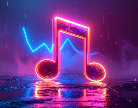 A neon pink eighth note sits on wet ground with a blue waveform behind