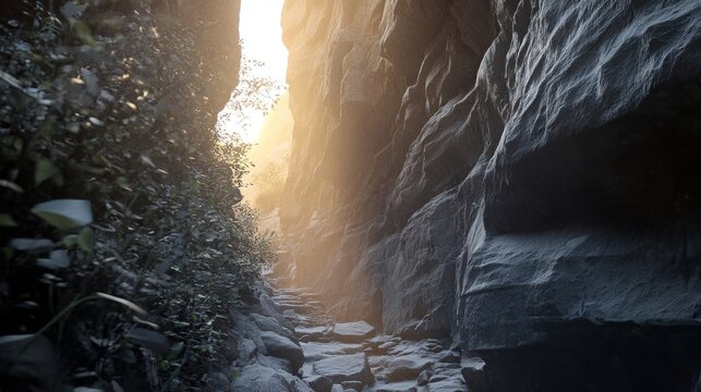 Rugged canyon trail bathed in bright summer sunlight with steep rock formations and sparse vegetation