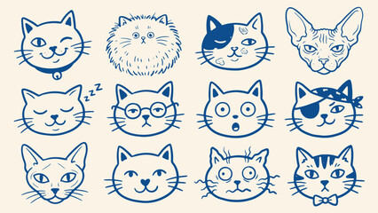 Playful cat face illustration set featuring twelve stylized feline expressions and accessories in blue line art on beige background © Abdul Waheed Studio