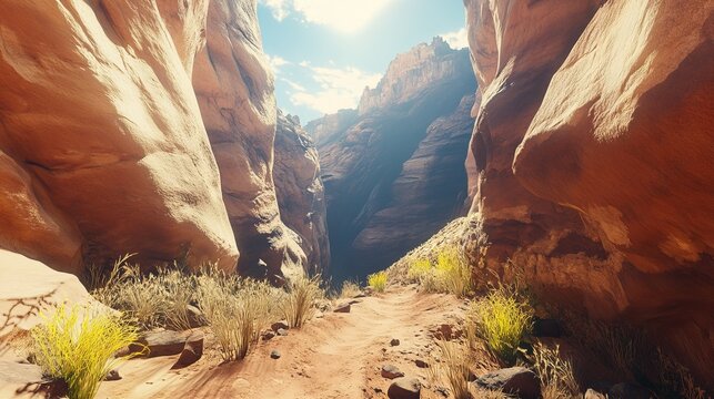 Rugged canyon trail winding through towering sandstone cliffs under a bright summer sky with scattered clouds