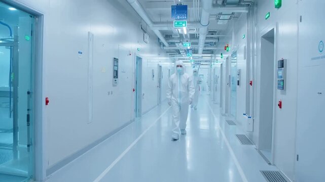 Person in protective suit walking down a sterile laboratory corridor