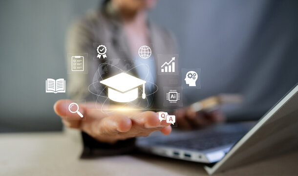 Online Education and AI E-Learning Concept, Person Holding Graduation Cap with Digital Tech Icons