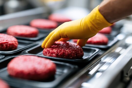 Industrial food processing line with raw burger meat