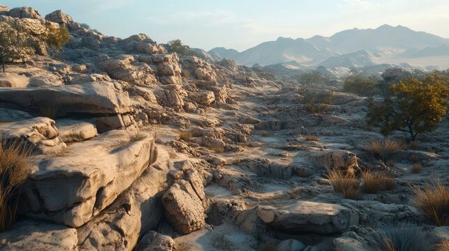 Rugged desert landscape with rocky terrain and distant mountains under a clear sky during daytime