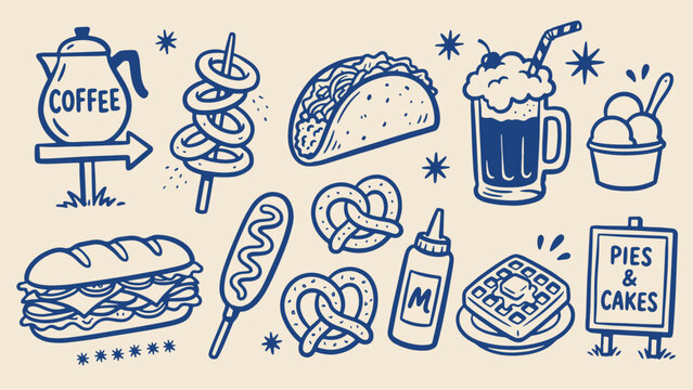 Playful caf&eacute; food icon set illustration featuring coffee pot taco sandwich pretzel corn dog waffle ice cream skewer frothy drink bottle and pies cakes sign on beige background