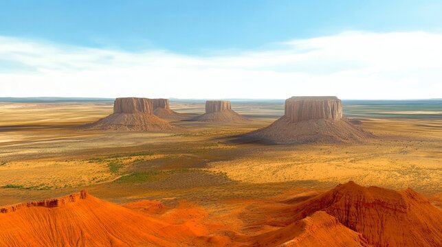 Rugged desert plateau with towering rock mesas rising above arid plains under a blue sky