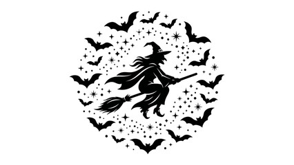 Halloween Witch Silhouette: A witch silhouette with a flowing cape and pointed hat rides a broomstick through a starry night sky, surrounded by a swarm of bats, capturing the eerie magic of Halloween. © Robaba