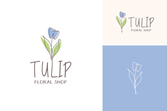 Hand-drawn logo design of a stalk of beauty tulip flower with two leaves