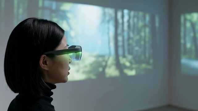 A woman wearing augmented reality glasses observes digital nature visuals projected on the walls of an indoor space
