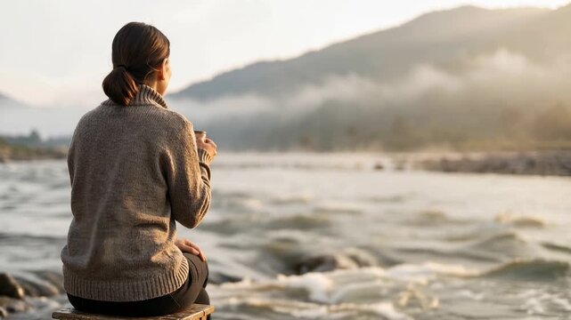 A woman sits on a stool near the water, holding a cup and watching the waves. This activity takes place at sunset, with mountains in the background and soft light illuminating the scene