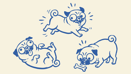 Playful cartoon pug illustration trio featuring running lying and standing poses with humorous expressions and quirky body language on beige background © Abdul Waheed Studio