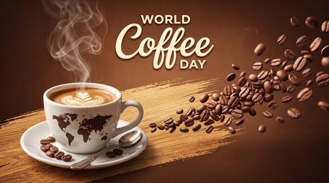 Celebrate World Coffee Day with a steaming cup featuring a global map design and rich coffee beans scattered across a warm background.