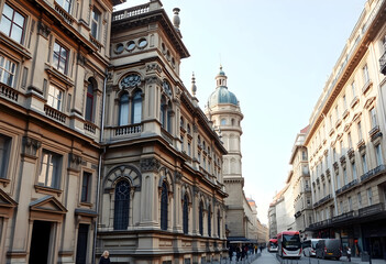 Fototapeta premium Historic european street with ornate architecture and a prominent domed tower, urban travel and city life