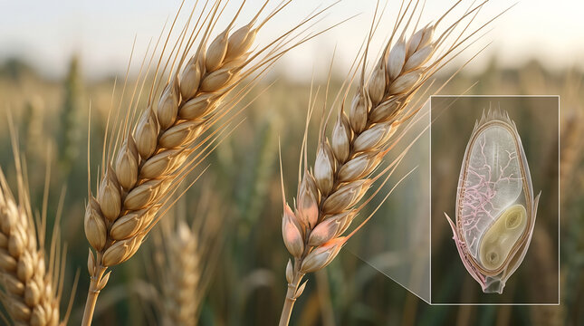 Wheat ears stand in a golden field while an illustrative technical diagram highlights the internal structure of the grain kernel and its biological development process.