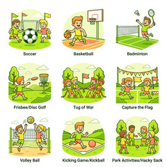 Fototapeta premium Children Playing Sports and Outdoor Games Collection: Soccer, Basketball, Badminton, Frisbee, Tug of War