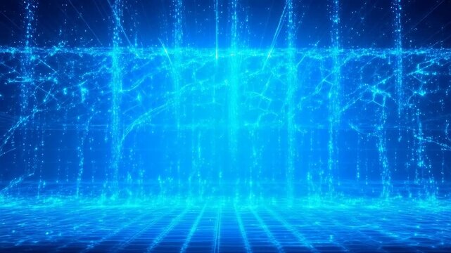 Digital blue particle network with cascading data streams and grid floor in a futuristic virtual space