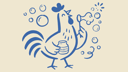 Playful stylized rooster illustration blowing bubbles while holding jar and wand with whimsical floating shapes on beige background © Abdul Waheed Studio