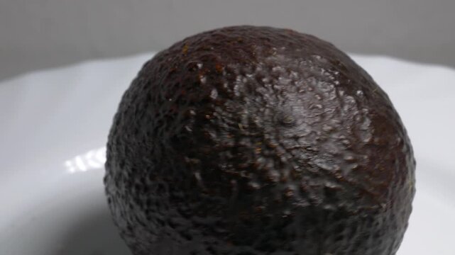 Close-up of a dark Hass avocado rotating on a white plate, showcasing its bumpy, textured skin and oval shape under bright studio lighting.