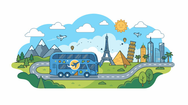 Cartoon bus tours to famous world landmarks under a sunny sky