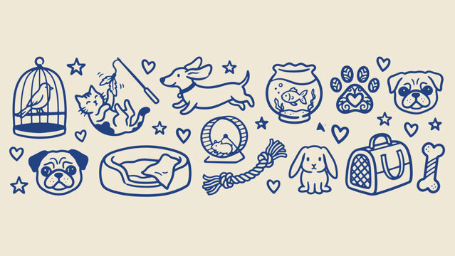 Blue line art pet doodle border with animals and accessories