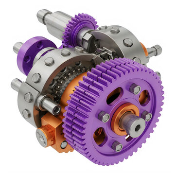 3D engine gear set with purple and orange parts