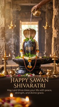 A hand pouring water from a golden vessel over a black stone shiva lingam adorned with marigold garlands, green leaves, and a cobra hood in a dimly lit stone temple, sawan shivratri celebration