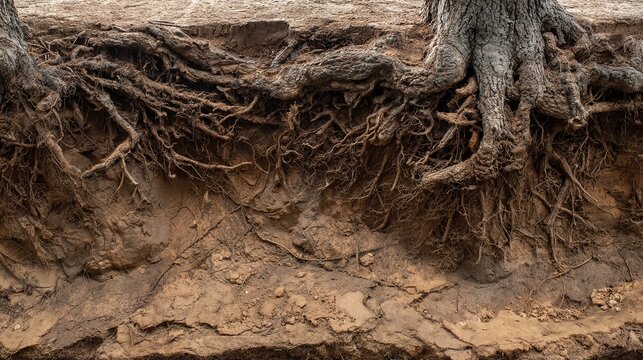 crosssection. Interlocking root systems of two large trees underground. gardening catalogs, home-decor guides, designed for home decor and floral branding and gardening and botanical catalogs.