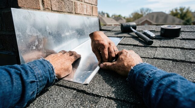 Roofer installing metal flashing around a brick chimney on a shingle roof